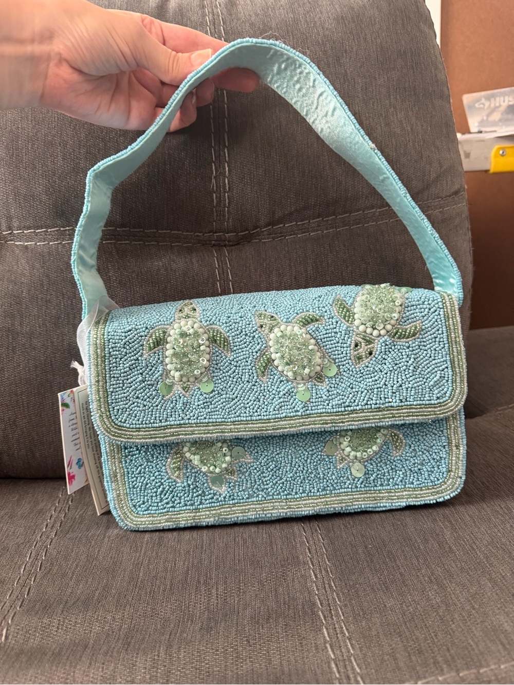 Beaded Sea Turtle Shoulder Bag in Light Aqua
